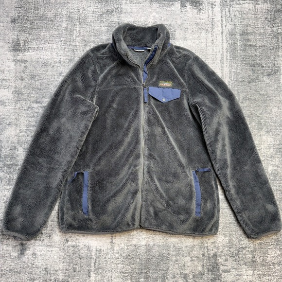 L.L. Bean Jackets & Blazers - LL Bean Jacket Womens Medium Gray Hi Pile Fleece Full Zip Coat Elbow Patches